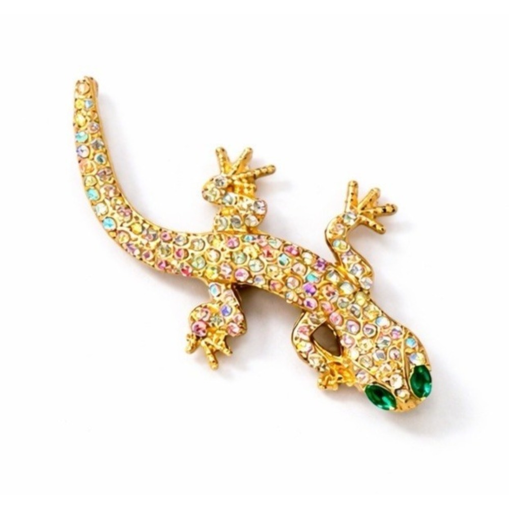 Iridescent Rhinestone Lizard W/ Green Eyes Brooch Gold Tone Metal Accent Pin 2"